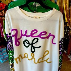 Mardi Gras long sleeve top with sequins along arms